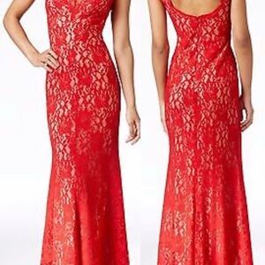 Red lace Sleeveless V Neck Gown